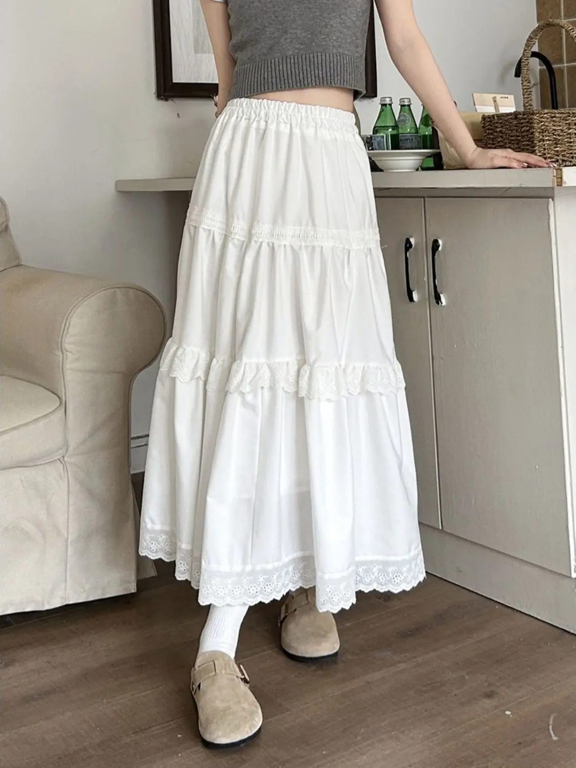 Gonna torta bianca Gonna longuette a trapezio Gonna estiva nuova da donna in pizzo Sle Gonna ombrello drappeggiata Gonna lunga ampia a vita alta