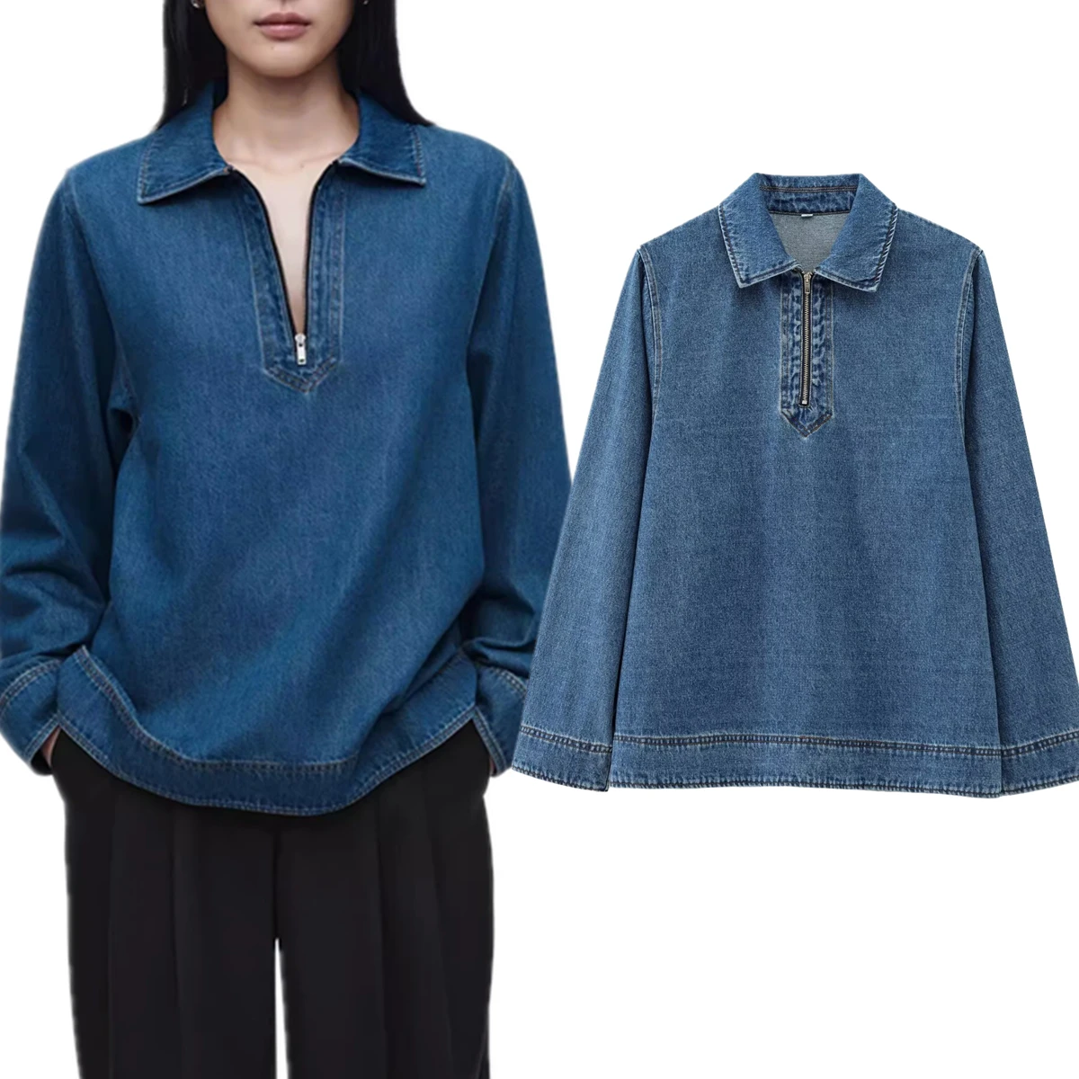 Withered Fashion Ladies Kimono Blouse Minimalist And Fashionable Denim Zipper Shirt Pullover Top 2025 Spring Blouse Women