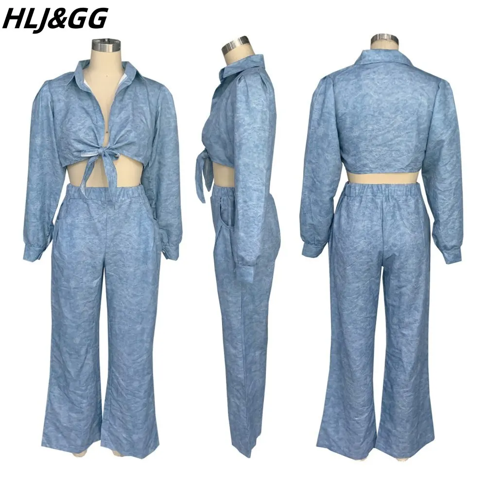 HLJ&GG Autumn Office Lady Wide Leg Pants Two Piece Sets For Women Turndown Collar Long Sleeve Top And Pants Outfits NOT Denim