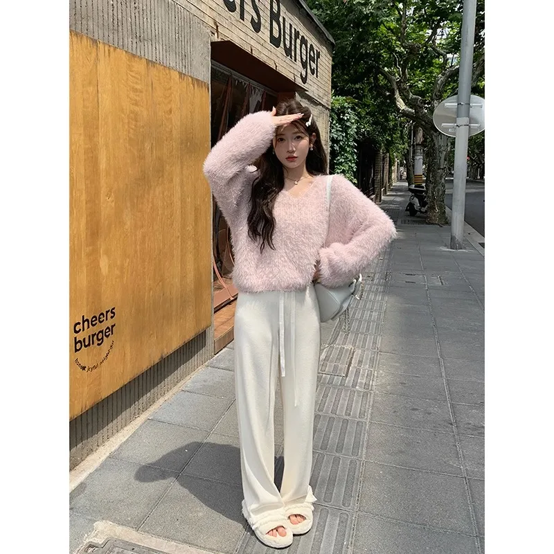 White Tassel Knitted Wide-leg Pants for Women in Winter, Loose, Slim, High-waisted, Casual Straight-leg Floor-length Pants