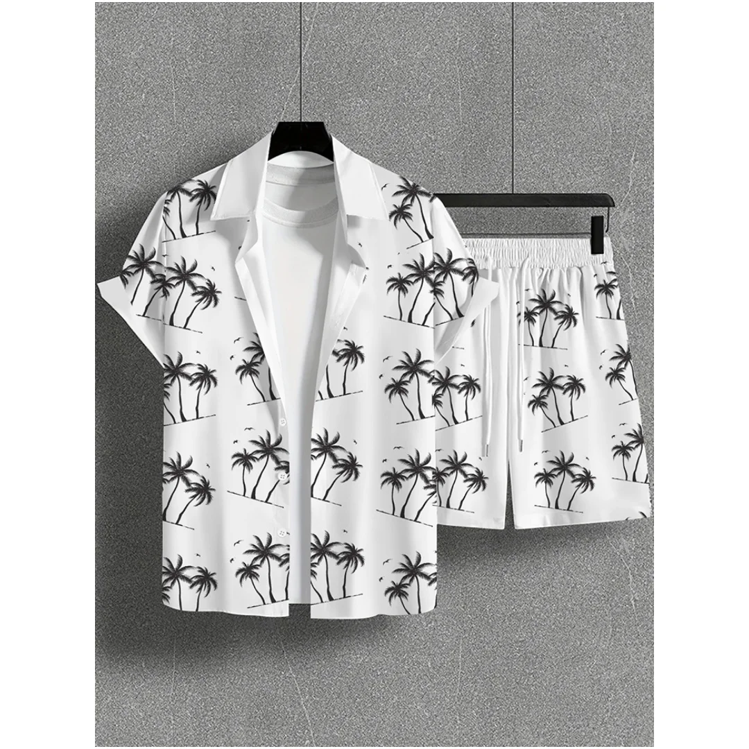 Summer Men shirt set European American Casual Hawaiian Style Printed Short-sleeved Shirt + Shorts 2-piece Daily Lightweight Set