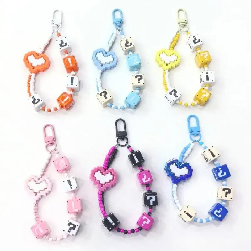 Dopamine Beaded Mobile Phone Anti-Loss Lanyard Camera Pixel Heart Pendant Symbol Color Painted Mobile Chain Keychain Accessory