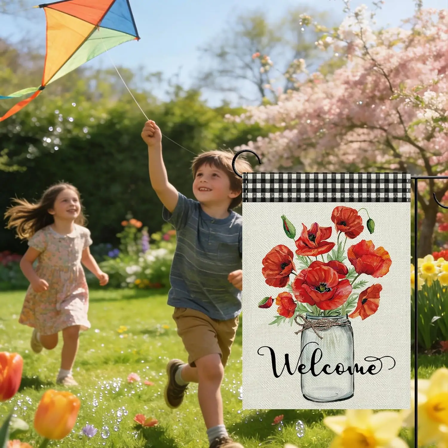Welcome Spring Summer Poppy Flower Decorative Garden Flag, Red Floral Mason Jar Buffalo Plaid Small Yard Outside Decorations ZZM