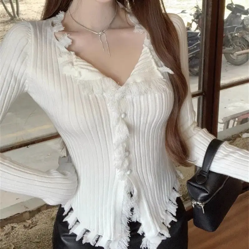 

2025 Fall Winter New V-neck Sweater with Raw Edges Elegant Chic for Women's Knitted Cardigan Tops