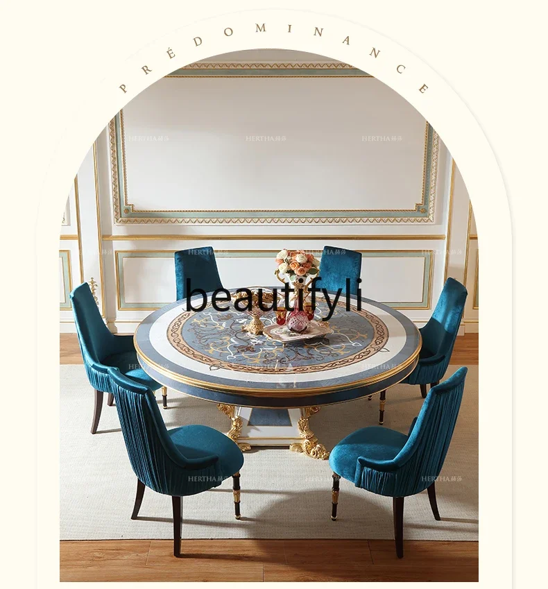 

YH03 French court style round dining table and chairs parquet beech dining table luxury retro style dining table