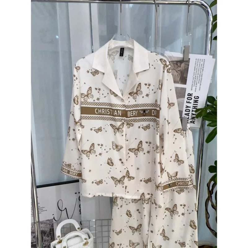 Pijama de seda de hielo de espiga para mujer, patrón de mariposa, Material satinado, fino, liso, pantalones de manga larga de alto grado, conjuntos