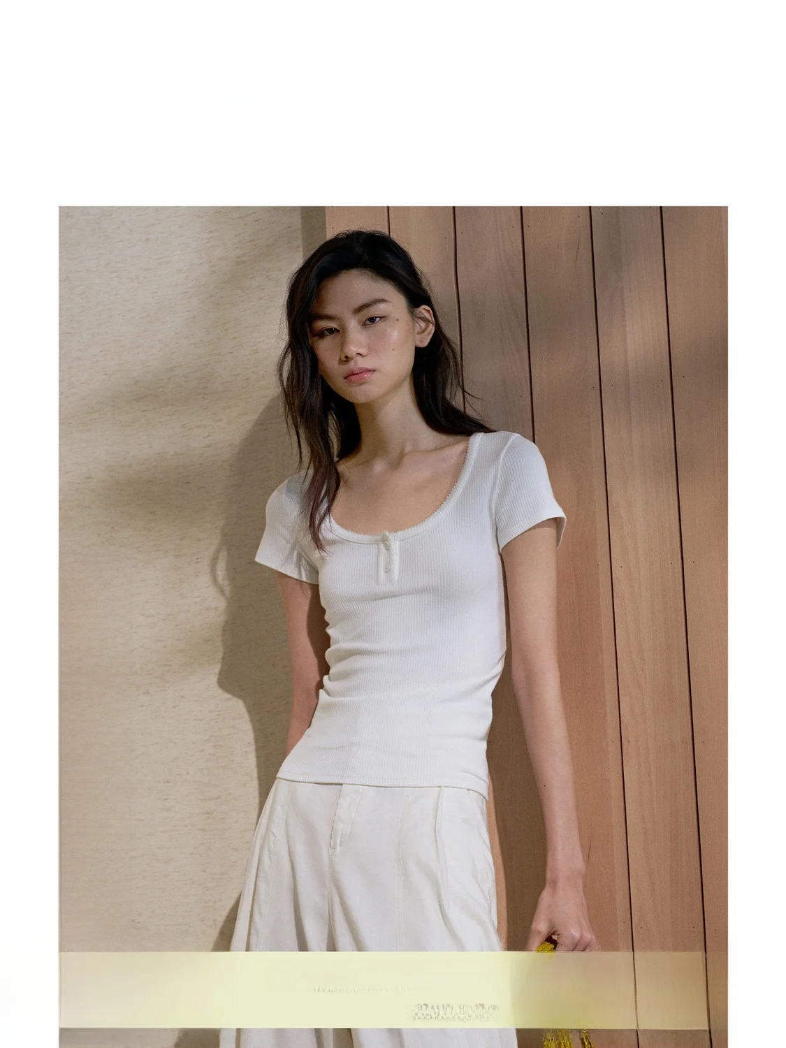 

ZhiZhi Summer New Style Casual Elegant Slim Fit Texture Stripe Henry Collar T-Shirt Women's Short Sleeve round Neck Top