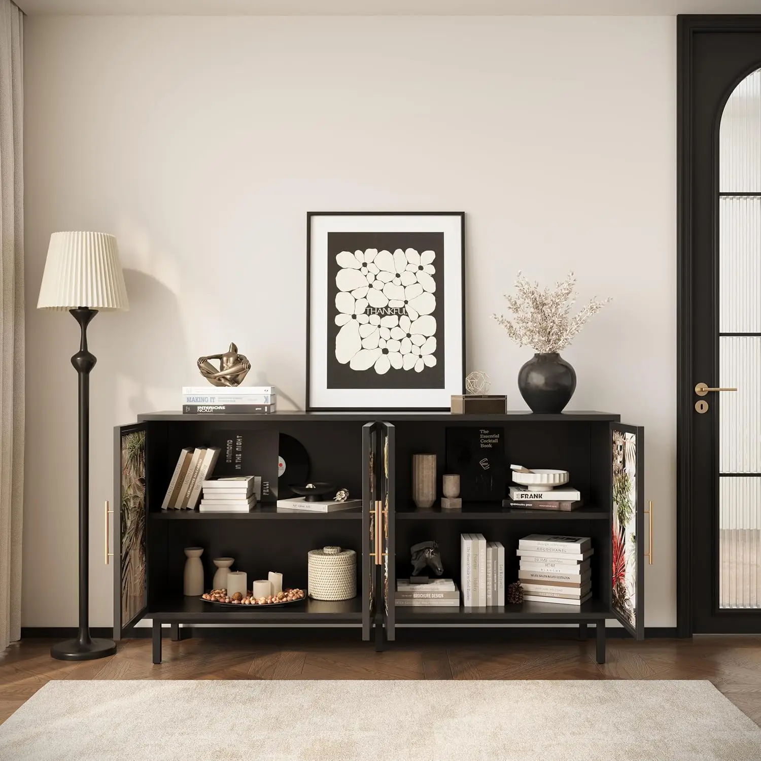 Retro Sideboard with 4 Glass Doors, Art Storage Console, Tropical Glass Credenza for Living Room Dining Room, Black, Customized