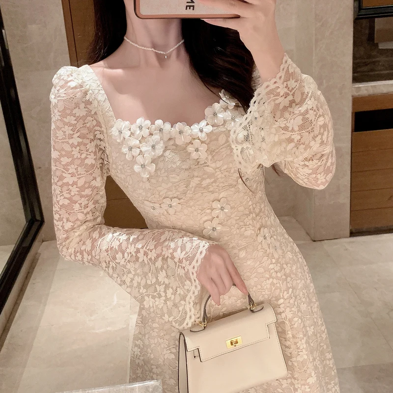 Elegant French Women Square Collar Prom Party Midi Dress New Spring 3D Floral Diamonds Flare Sleeve Hollow Out Lace Up Clothes