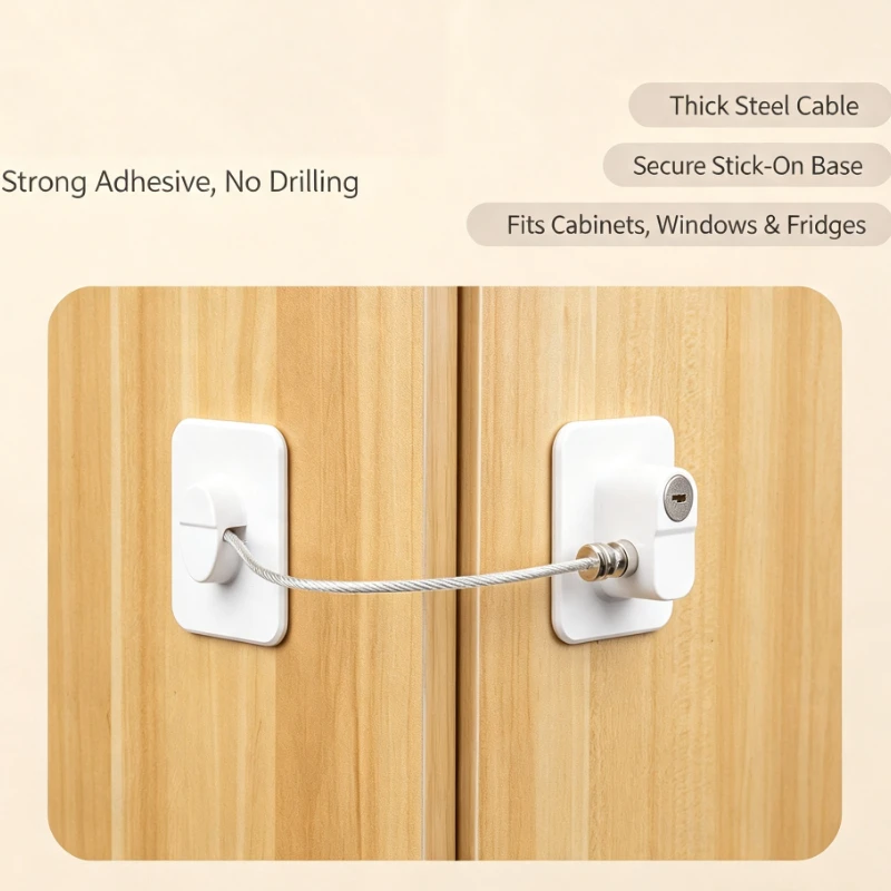 5pcs Adhesive Safety With Steel Cable For Cabinet Fridge Window Door No Drill Proofing Security Latch