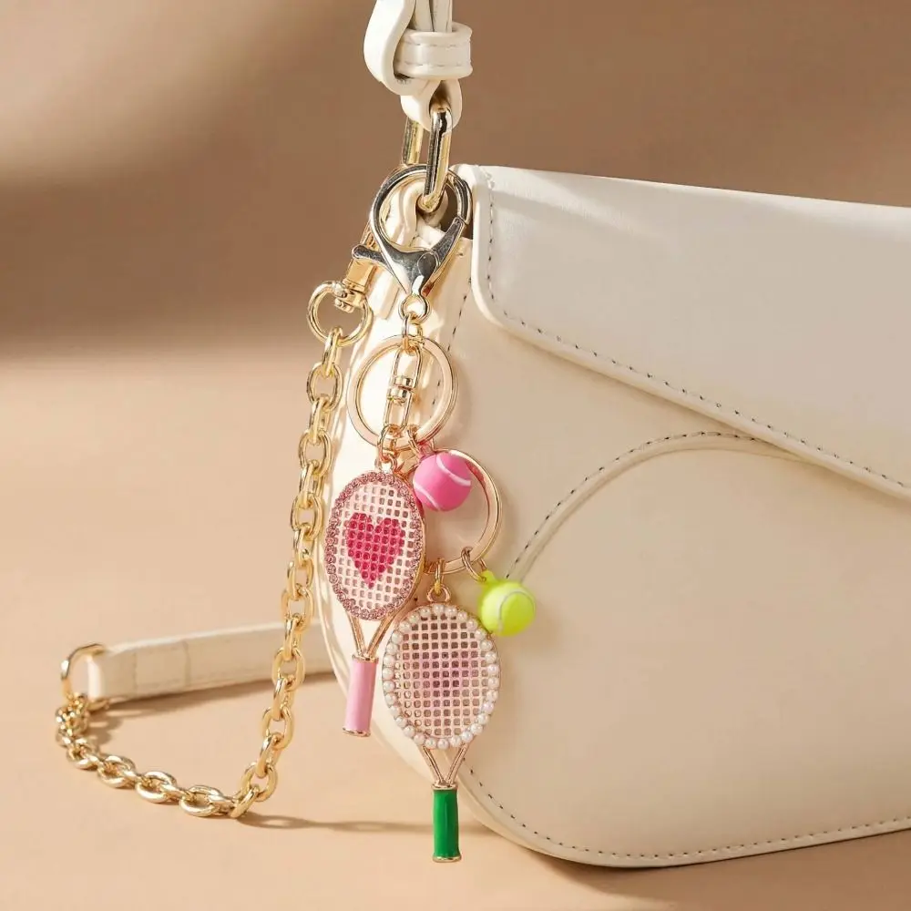 Cute Tennis Enthusiasts Tennis Racket Keychain Alloy DIY Bag Charm Inlaid Rhinestone Sports Style Bag Pendant Girls