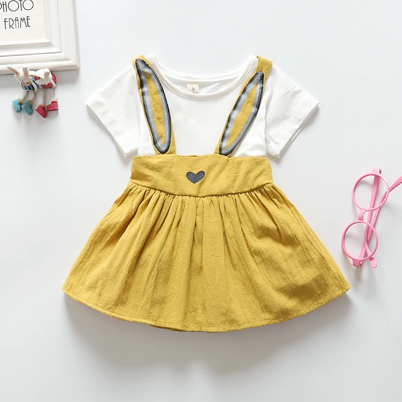 Summer Korean Style Yellow Cartoon Casual Baby Girl Dress Fashion Lovely Short Sleeve Spliced Toddler Dress
