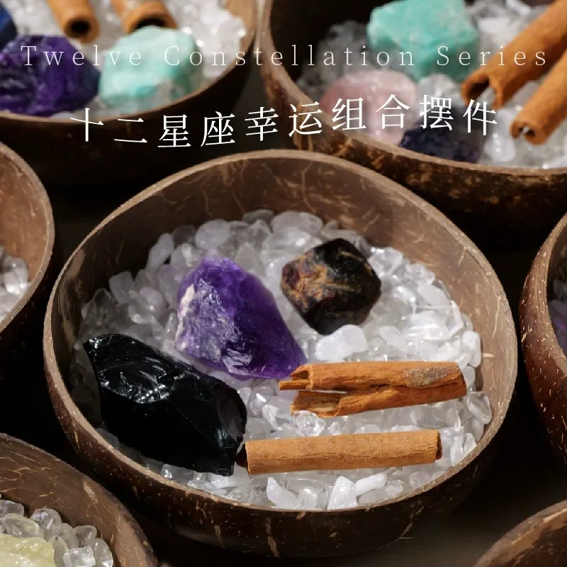 

Natural Crystal 12 Constellation Coconut demagnetization Bowl Fragrant Stone Raw Stone Irregular Mineral Home Office Ornament