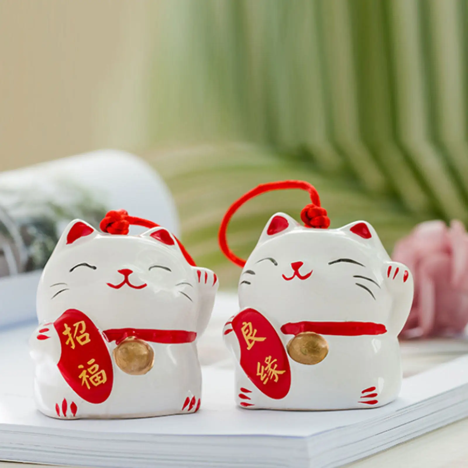 Ceramic Lucky Cat Wind Chime 2 Pack Feng Shui Bell Crisp Sound Garden Balcony Home Decor Good Luck Charm
