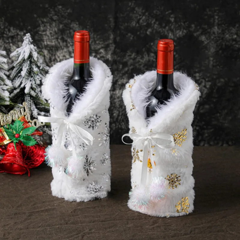 Christmas Wine Bottle Decoration Plush Snowflake Wine Bottle Covers Red Clothes Dress Gold Snowflake Set New Year Table Decor