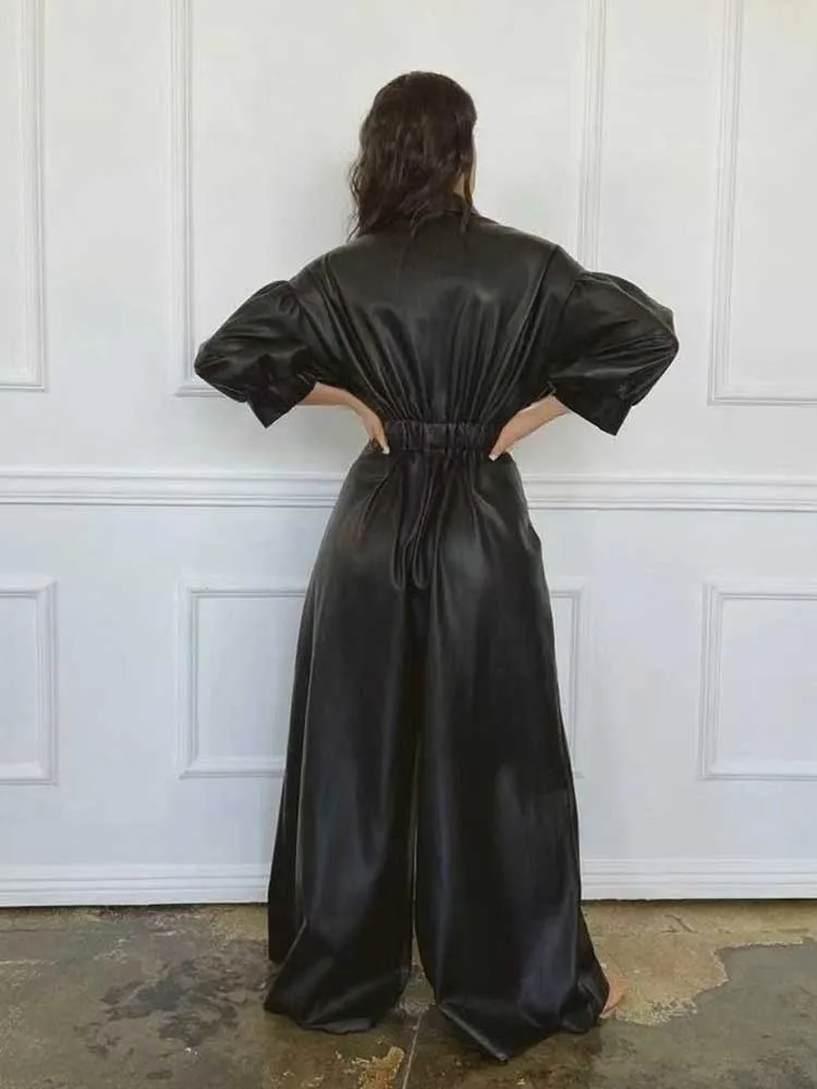 Pu Leather Jumpsuit for Women Winter Long Sleeve Jumpsuit One Piece Outfit Fashion Vintage Loose-fitting Black Jumpsuit Elegant