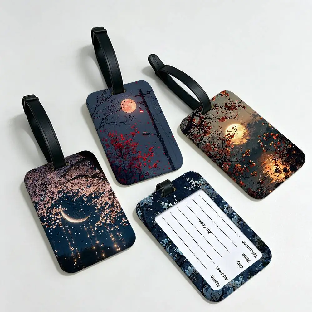 Aesthetic Moonlight Pattern PVC Luggage Tag With Information Card Anti lost Name Label For Suitcase Backpack Travel Accessory
