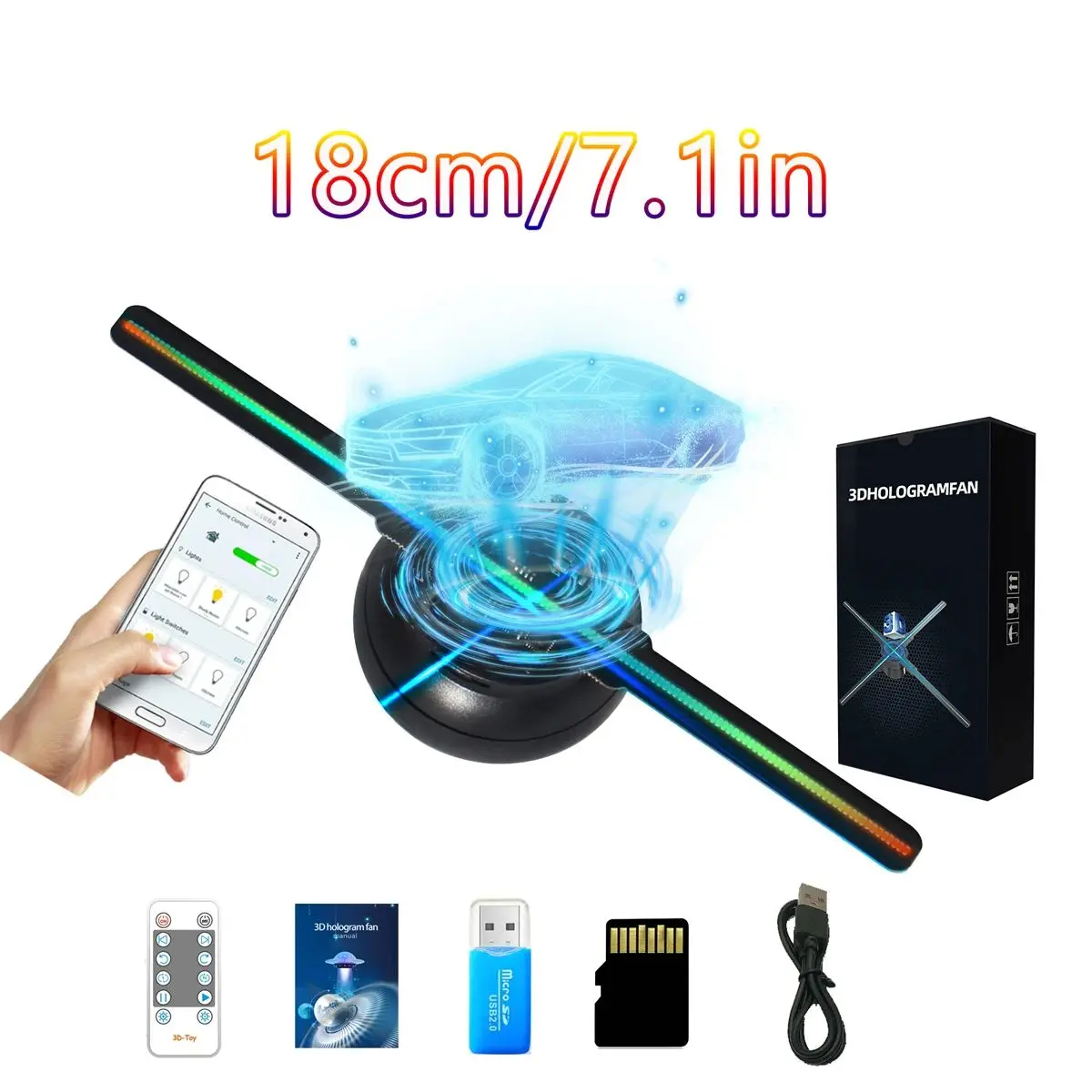 7.1in/18cm 3D hologram fan, 160 0603 LED beads holographic projector, HD flicker free screen with TF&APP control Halloween gift