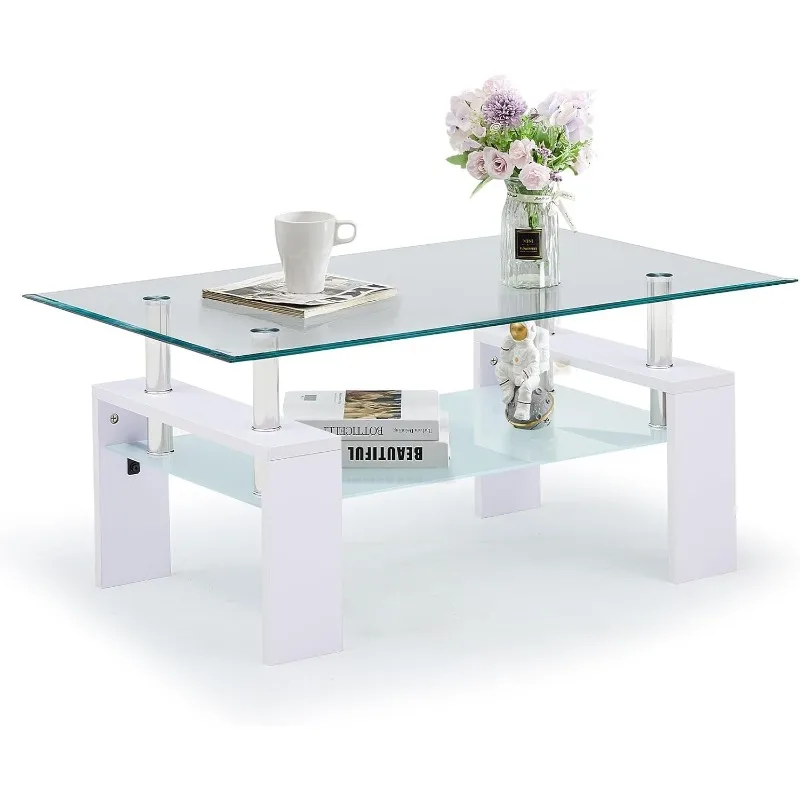 

Modern Rectangle Coffee Table, Tempered Glass Center Table with Open Storage Shelf, Side End Table with Lower Shelf