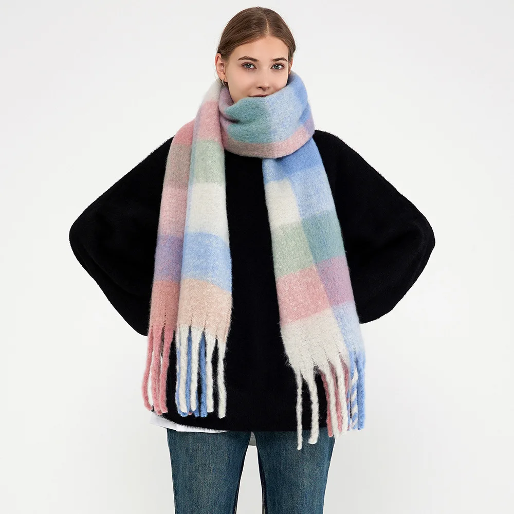 

Ac New Winter Warm Scarves Women Plaid Tassel Rainbow Scarf Female Faux Cashmere Long Muffler Neck Shawl 242CM