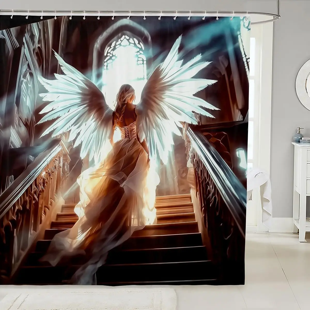 Elegant Angel Fantasy Shower Curtain Gothic Divine Staircase Waterproof Bathroom Decor 180x180cm