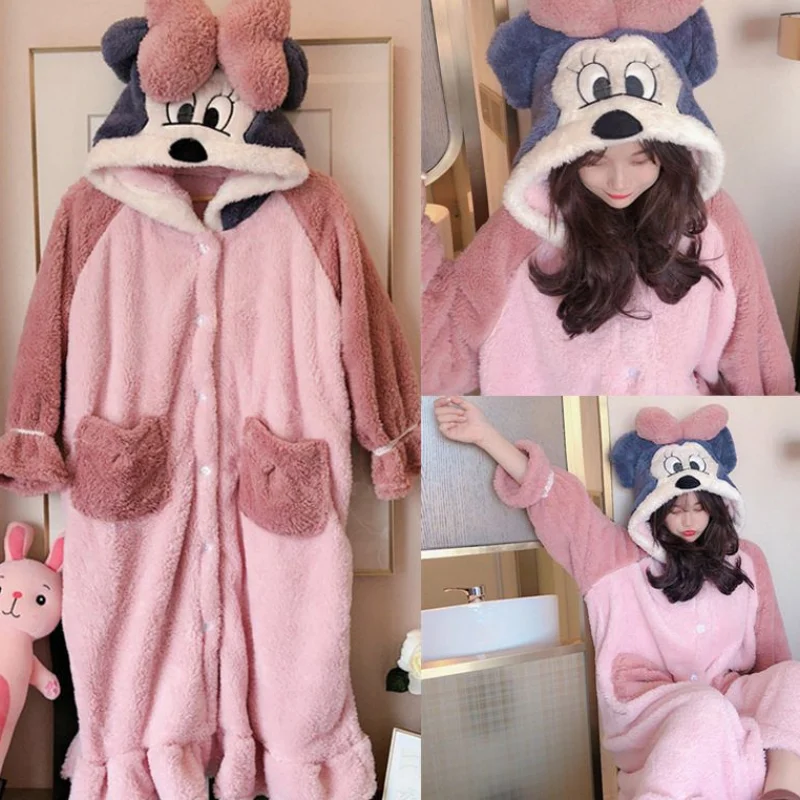 Disney Snow White Donald Duck Nightgown Winter Flannel Hooded Sleep Blouse Female Warm Cute Kawaii Thicker Chic Robes Sets