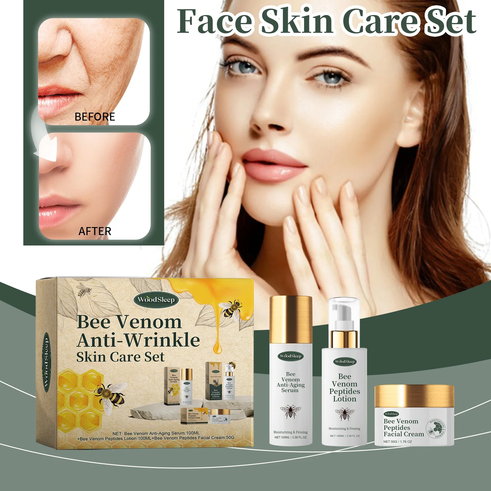 Juego de cuidado de la piel Facial con veneno de abeja, desvanece las líneas finas, hidrata profundamente, nutre, firme, suave, esencia para la piel, crema Facial, caja de regalo para el cuidado de la piel