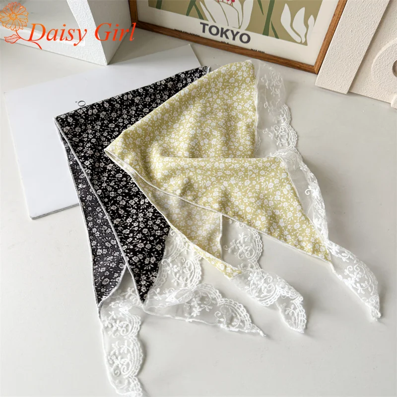 Pastoral Floral Sweet Hair-Tying Hair Bands Women With Lace Splicing Lace Retro Triangle Scarf Ribbon Silk Scarf Headband