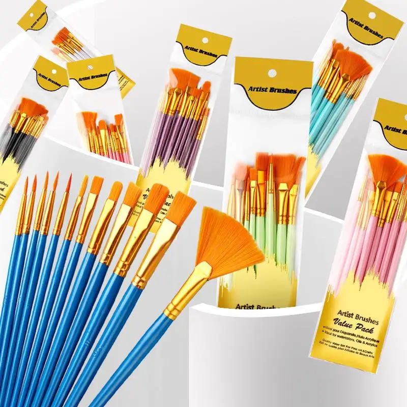 12Pcs Nylon Bristle Brush Set Flat Brushes Watercolor Oil Paint For Artists Amateur And Acrylic Paintings Fabric Brushes