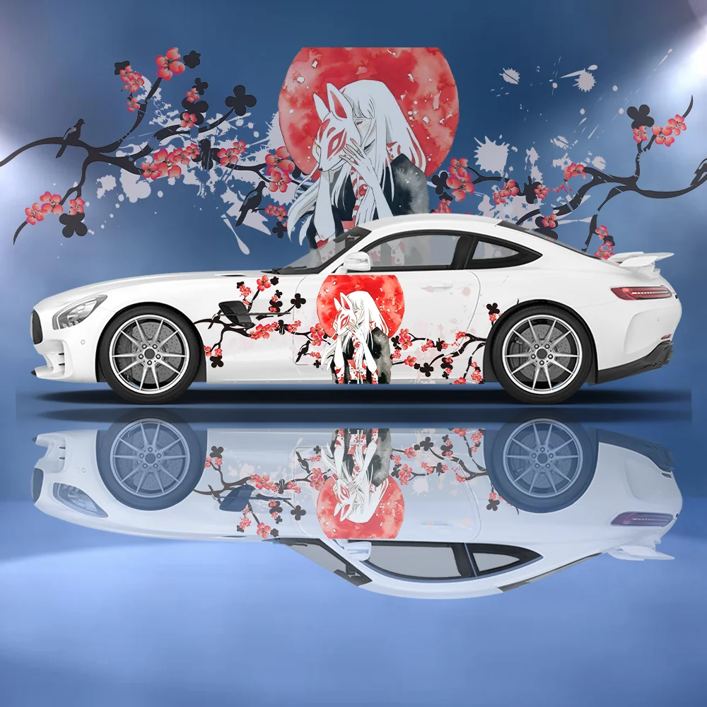 

Geisha Wearing Masks Flower Decoration Car Side Sticker Vinyl Self-adhesive Paper Motorsport Paint Decal Suitable for Truck Suv