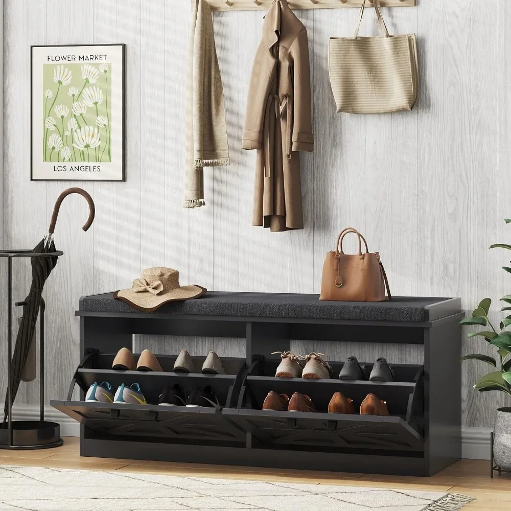 Maupvit Shoe Storage Benches with 2 Flip Drawers Modern Design Shoe Bench with Storage and Padded Seat Cushion