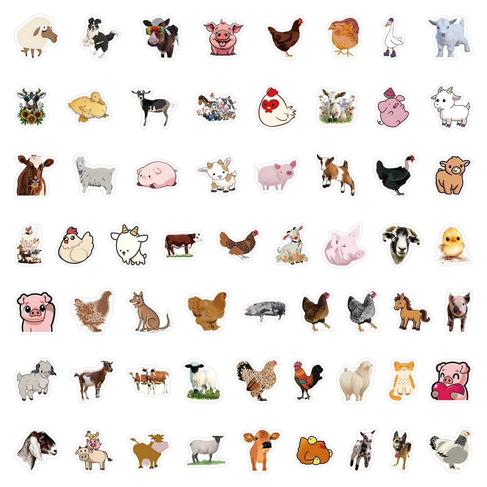 60 Stück Bauernhof-Tiere Cartoon-Aufkleber Schwein Schaf Huhn Graffiti Tier-Meme-Sticker für Laptop Gitarre Auto Fahrrad Skateboard Kinderspielzeug