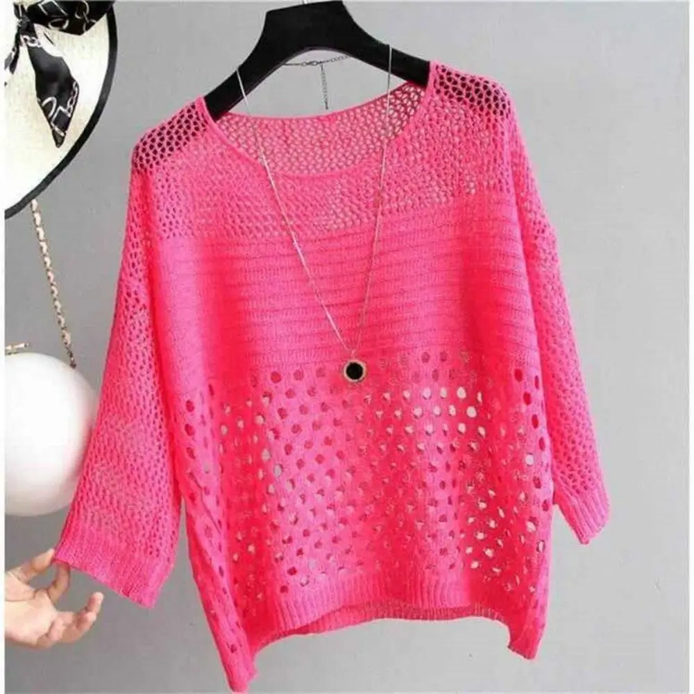 Fashion Hollow Out Knit Sweater Crochet Knit Round Neck Crochet Pullover Lightweight Loose Fit Beach Cover Up Casual Daily