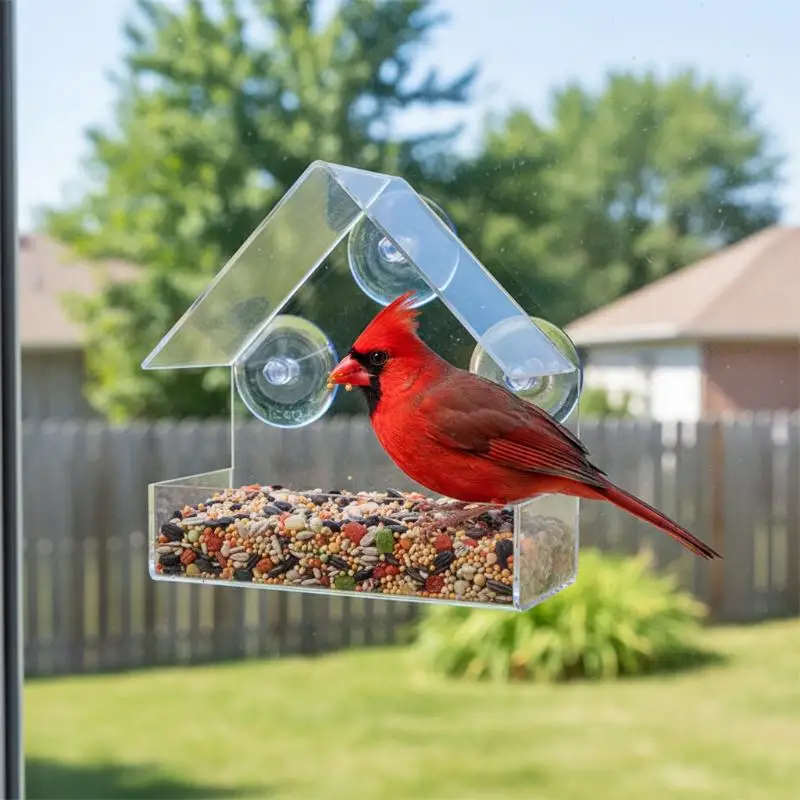 Transparent Acrylic Bird Feeder Outside Hanging Window Mounted Bird Watching Large Capacity for Home and Garden