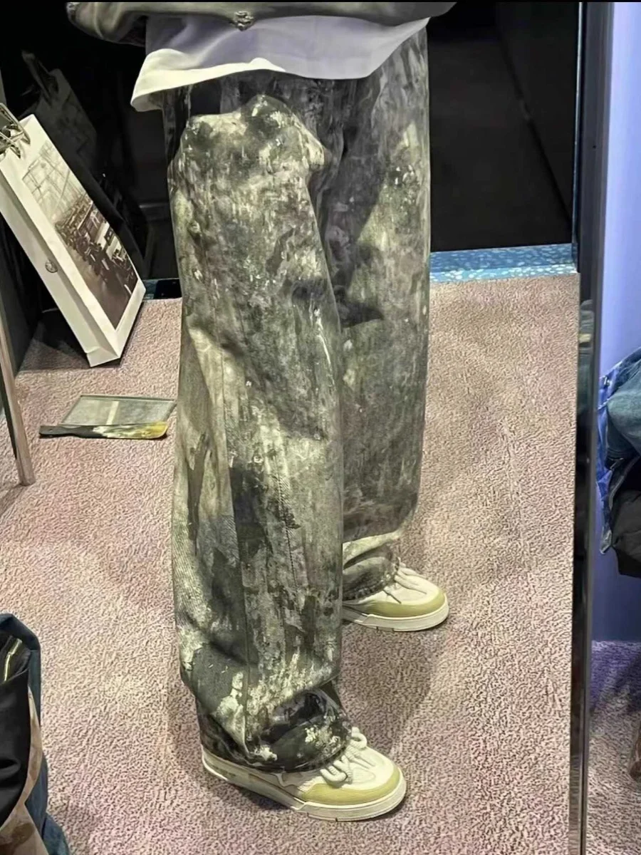 

Джинсы унисекс с низкой талией, широкими штанинами, свободного кроя, с цифровым камуфляжным принтом и эффектом брызг, износостойкие, для повседневной носки, весна-лето-осень