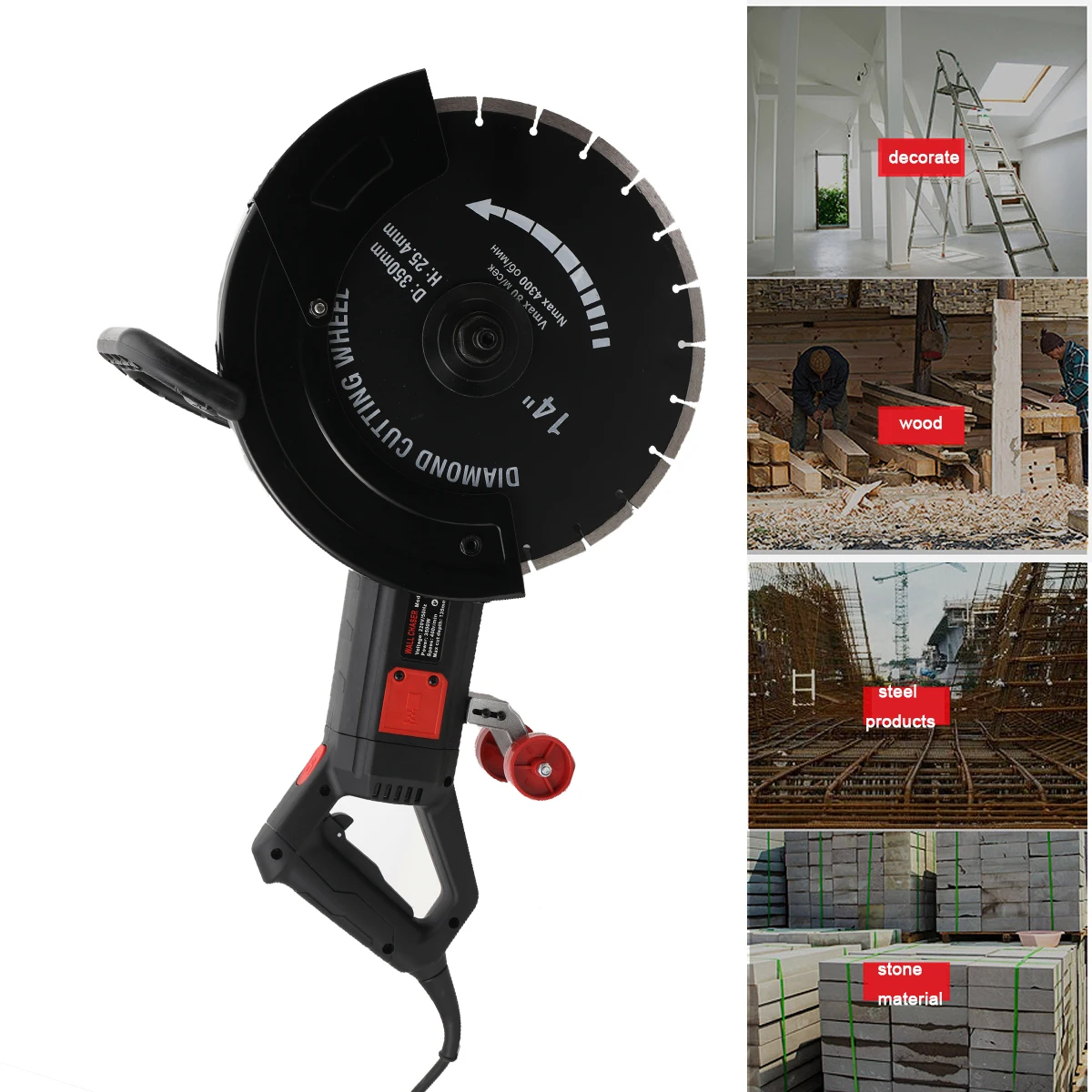 3200W Elektrische Betonsäge, wassergekühlte Schneidemaschine mit 350mm Klinge, handgeführte Kreissäge, staubarme Schlitzfräse – Detail 6