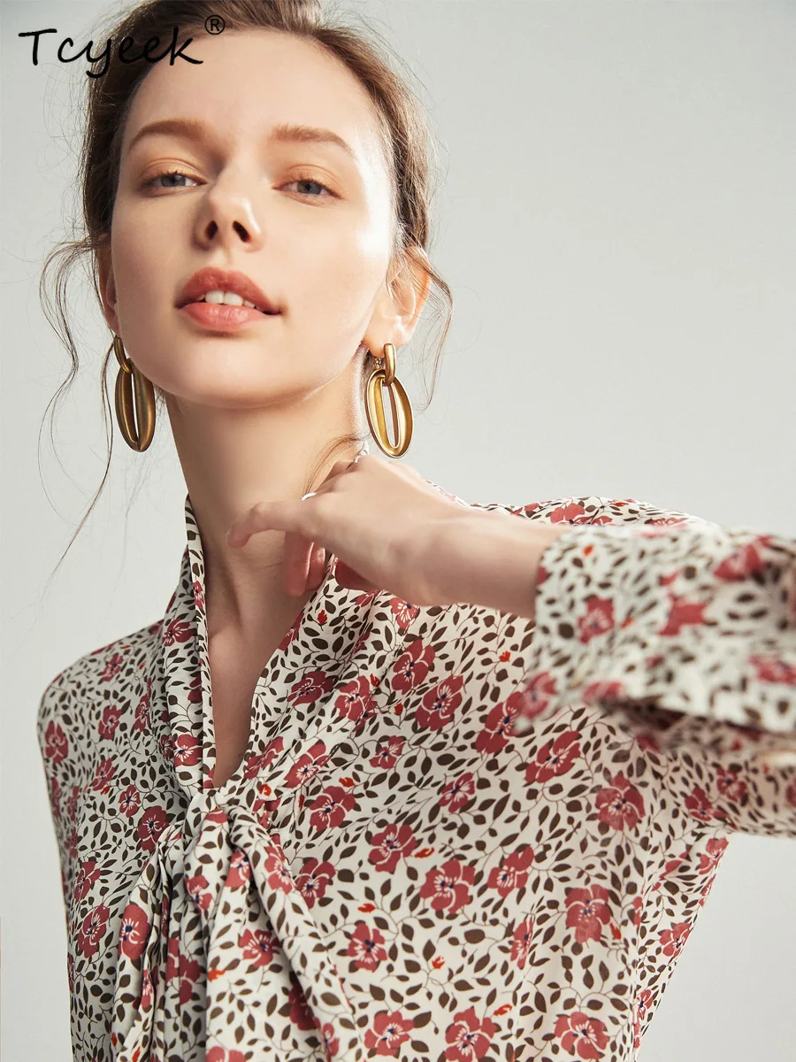 Tcyeek, 6A Elegancka koszula z prawdziwego jedwabiu, damska bluzka z długim rękawem, sznurowana, kwiatowa, francuska bluzka do pracy, lato jesień 2024 T47969QC