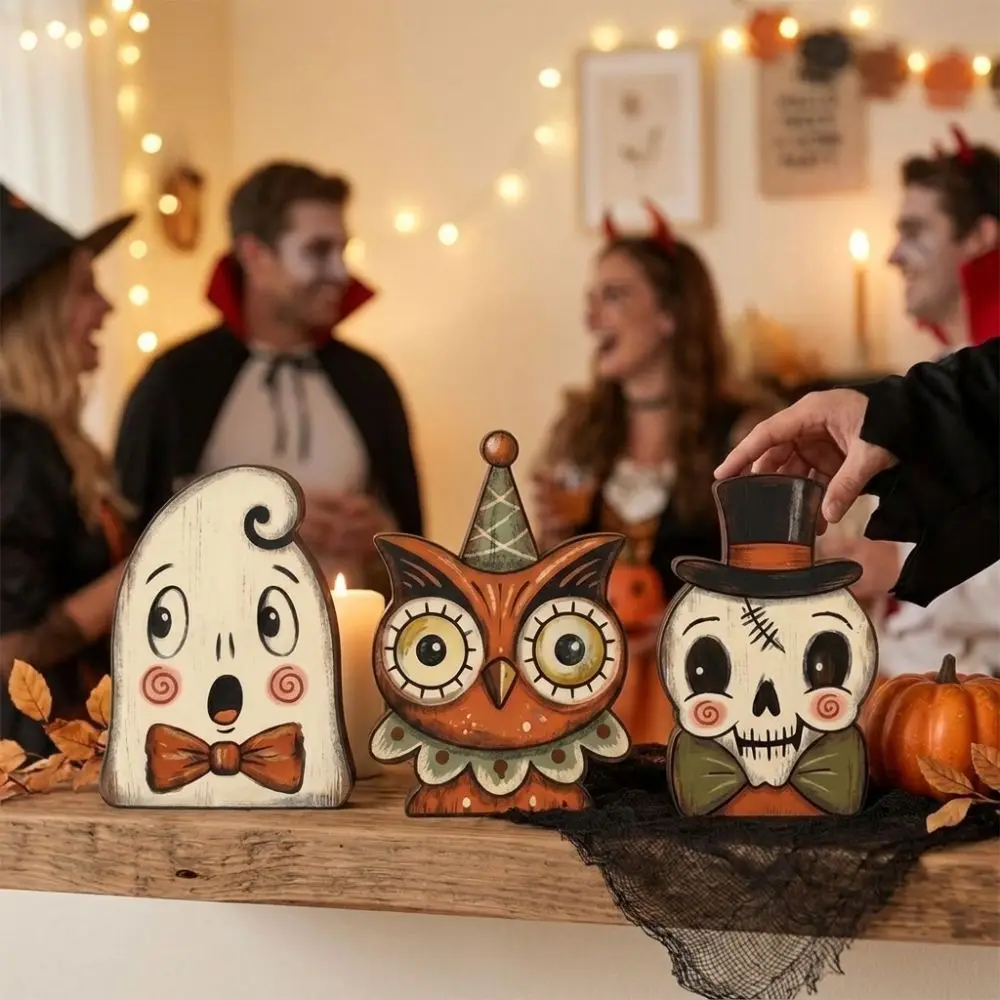 Cartoon Halloween Wooden Tabletop Sign Double Sided Pattern Farmhouse Style Vintage Bat Black Cat Figurines Integrated