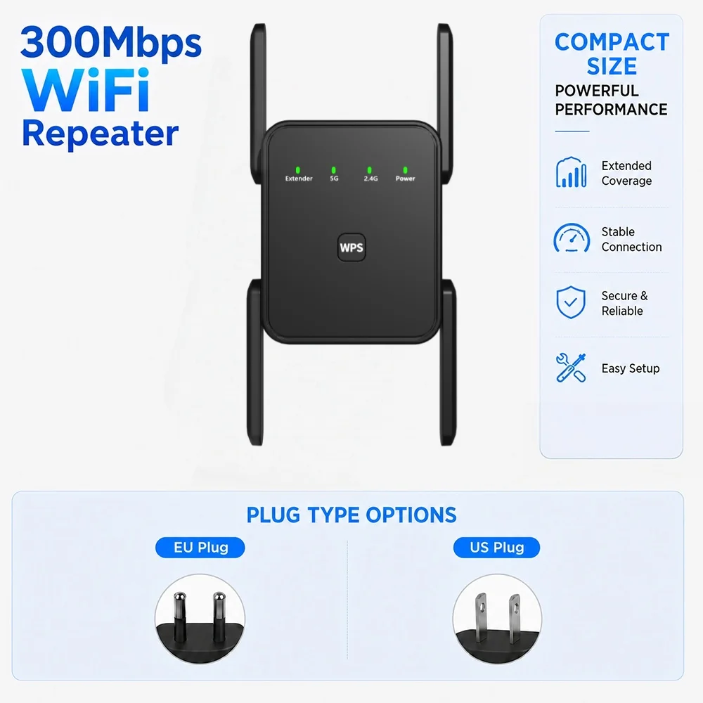 2.4Ghz WiFi Repeater Black White Router WiFi Extender Amplifier 300Mbps WiFi Signal Booster Long Range Network Access Point