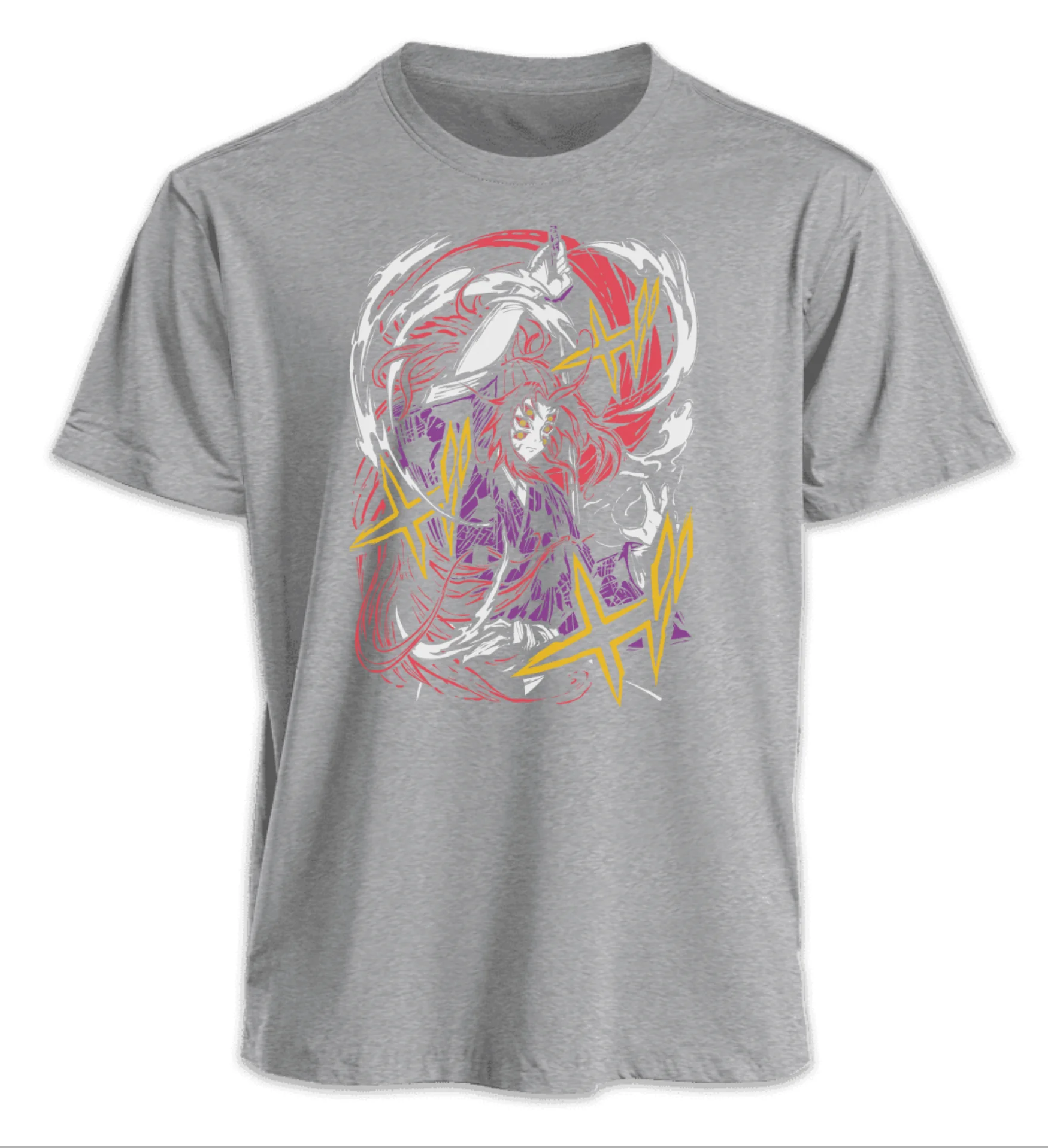 T-shirt anime da guerriero dai capelli rossi con sfondo teschio gigante e stelle da combattimento, maglietta grafica con scena di battaglia in stile Manga dinamico