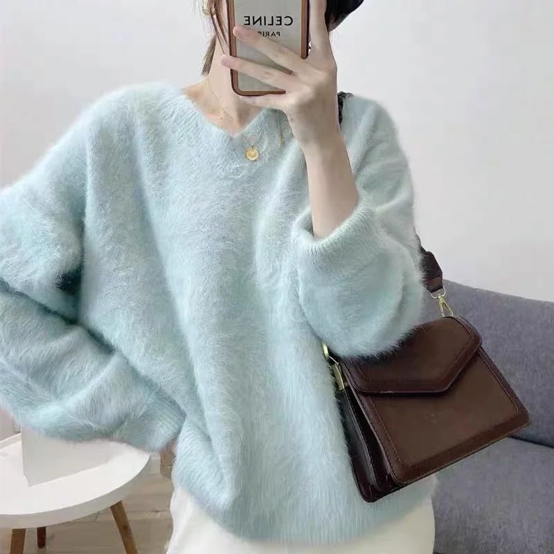 Thickened Lazy White V-Neck Mink Fur For Women's Autumn And Winter New Korean Loose Furry Knit Sweater