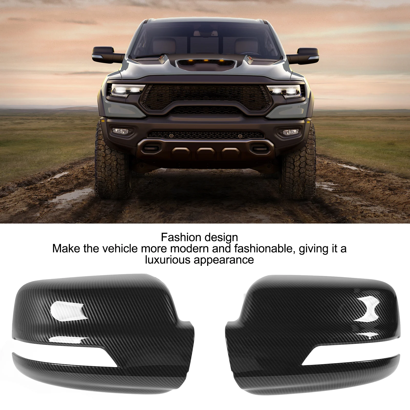 For Dodge Ram 1500 TRX 2023 1 Pair Left+Right Rearview Mirror Cover Housing Cap ABS Carbon Fiber Door