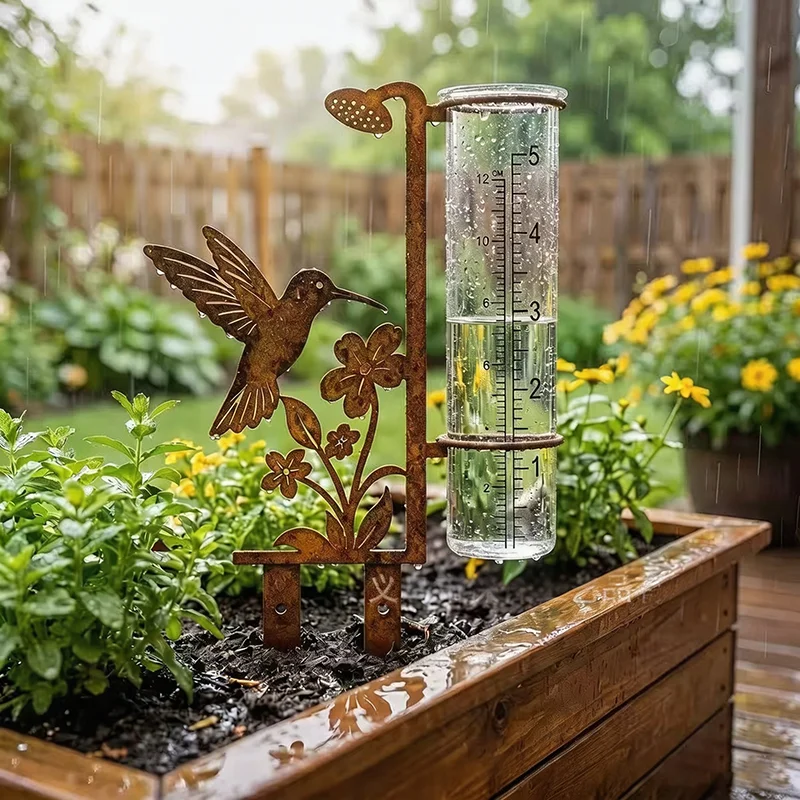 Rain Gauge Hummingbird Design Garden Yard Outdoor Decor, Decorative Stake for Flower Pot, Patio Ornament, Gift for Gardeners