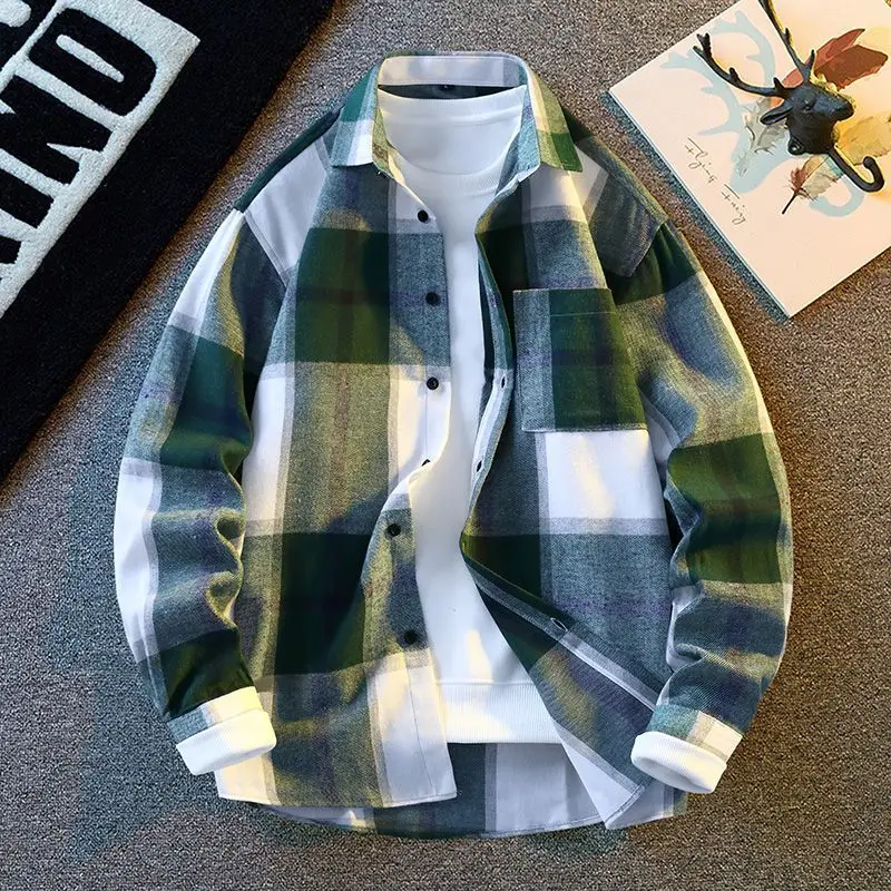 Men's Spring Autumn Plaid Shirt Long Sleeve Casual Check Button Down Tops Trendy Student Streetwear