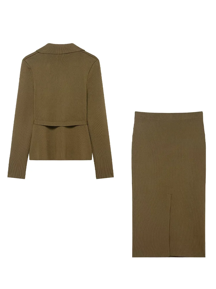 HH Women Autumn Winter Fashion Warm Solid Two-piece Set Long Sleeve Belt Single-breasted Knitted Coat+Split Hem Midi Skirt Set image 3