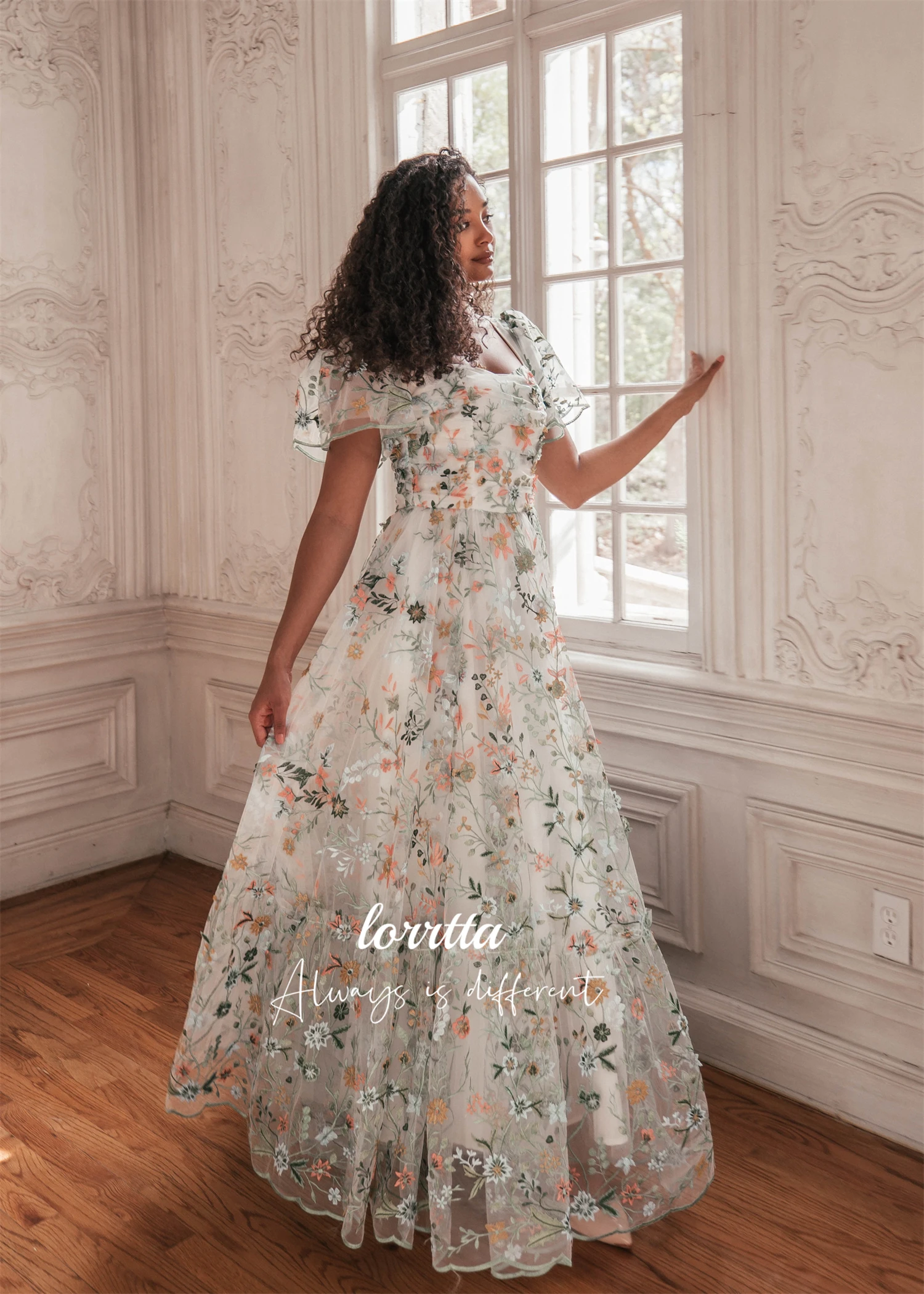 Lorrtta Floral Fabric Graduation Gown Line A Wedding Party Dress Puffy Sleeves Birthday Dresses for Special Events Ball Gowns