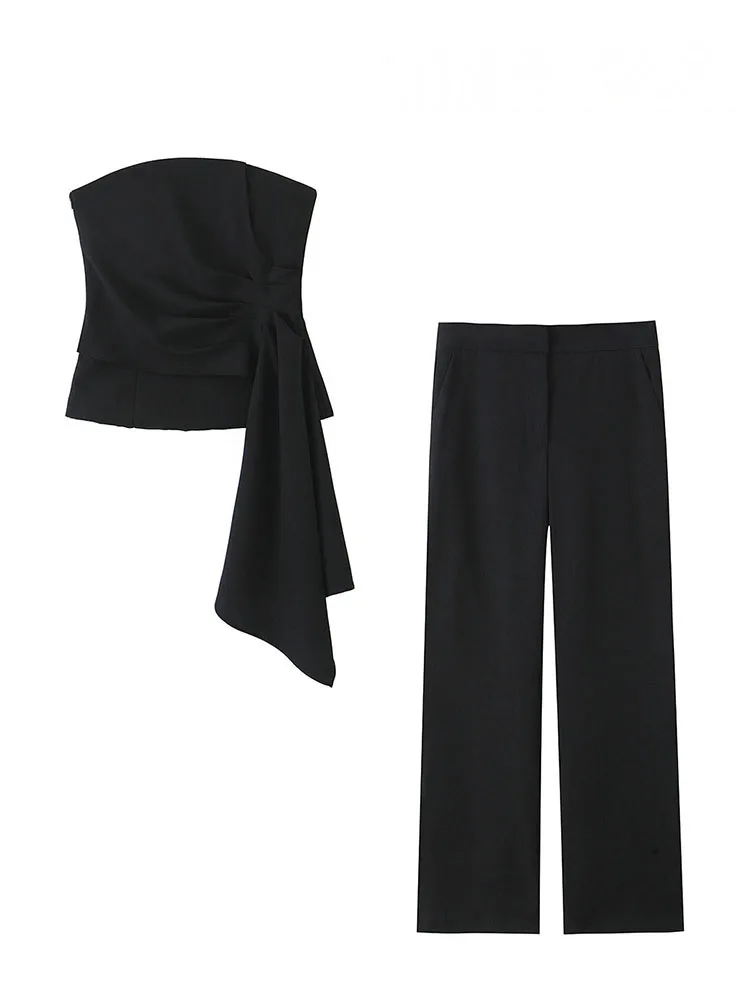 HH Women 2 Piece Set Solid Asymmetric Folds Side Zip Design Short Vest Top+Fashion Pockets High Waist Casual Wide Leg Pants