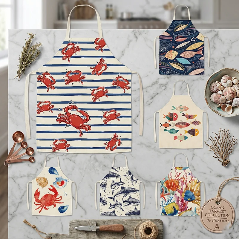 

Ocean Crab Fish Shark Print Kitchen Apron for Women Men Seafood BBQ Cooking Baking Bib Linen Cotton Tablier Chef Cleaning Tool