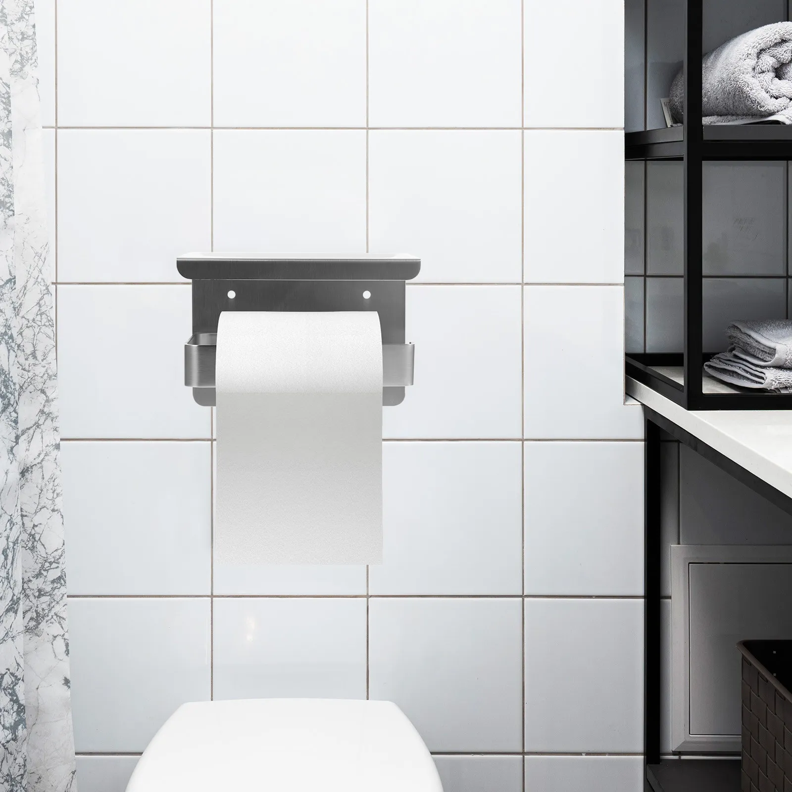 

Bathroom Paper Roll Holder Stainless Steel Multipurpose Storage Shelf Mobile Phone Ashtray Organizer