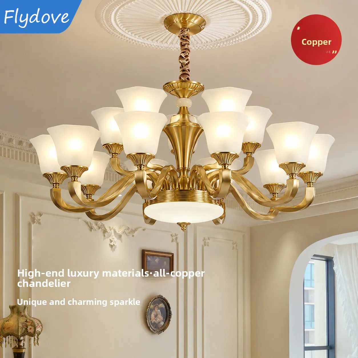 American Luxury Brass Living Room Chandelier LED Retro Creativity Dining Room Bedroom Study Villa Hotel Pendent Lamp